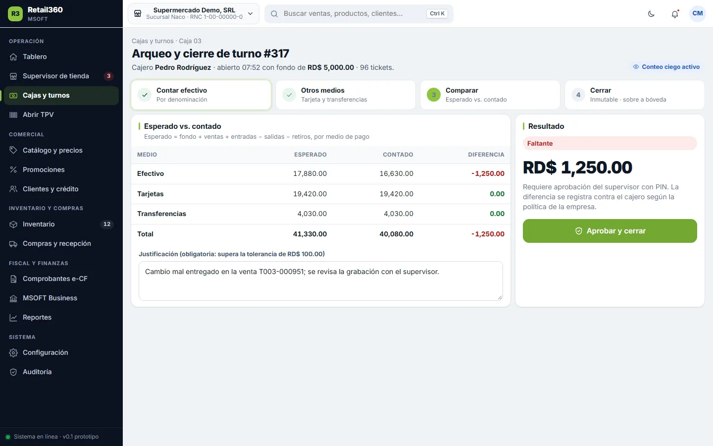 Arqueo de caja por denominación con efectivo esperado, contado y diferencia